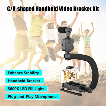 U Grip Handle Handheld Vlog Bracket Stabilizer Kit with LED Video Light Mic Phone Holder for Smartphone Camera Vlog Video Record 2