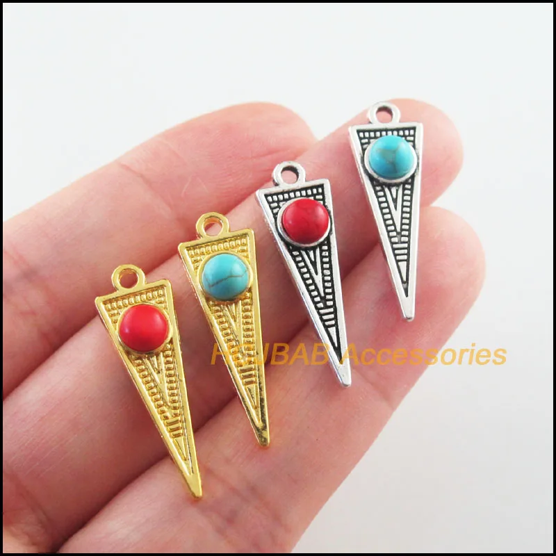 

Fashion 15Pcs Retro Gold Color Tibetan Silver Tone Triangle Blue&Red Stone Charms Pendants 9x28.5mm