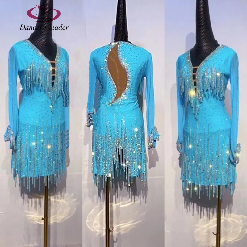 

Latin Dance High-end Customized Long-sleeved Diamond Glittering Tassels Cha Tango Female Adult Stage Professional Clothing