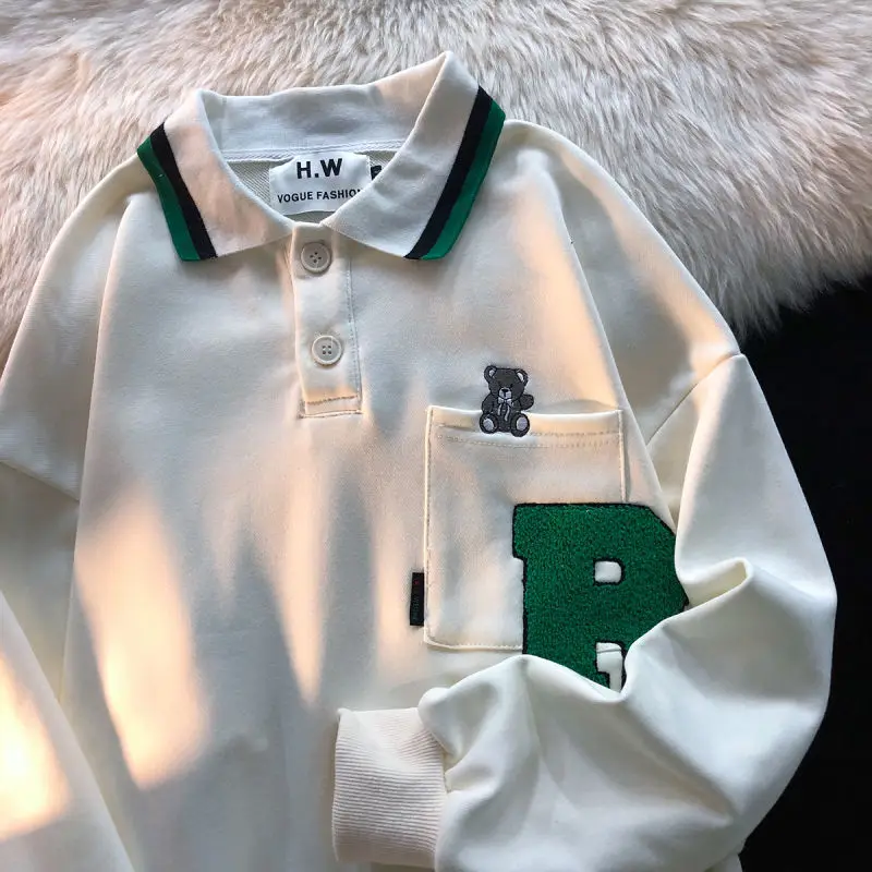 

2022 Spring Simple Cute Embroidery Pocket POLO Shirt Sweatshirt Harajuku Clothes for Teens Japan Style Large 2XL Casual Students