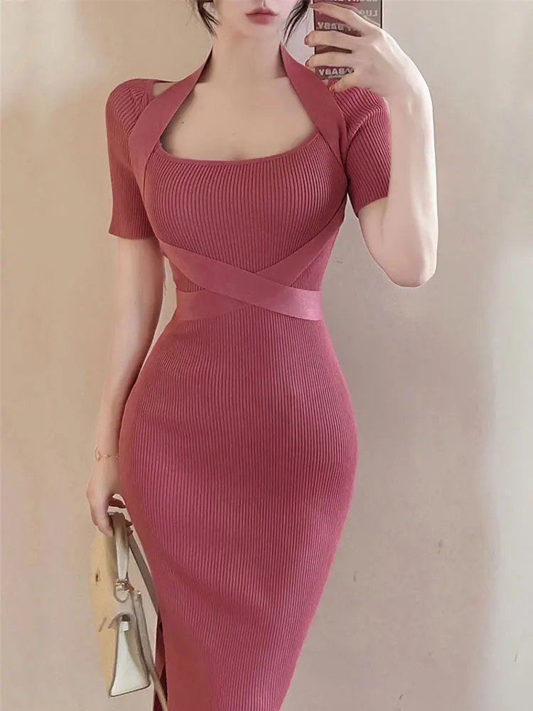 

Summer Halter Midi Dresses Women Neck Knit Bodycon Short Sleeve Black Slim Vintage Sheath Party Knitted Dress Ladies Clothes
