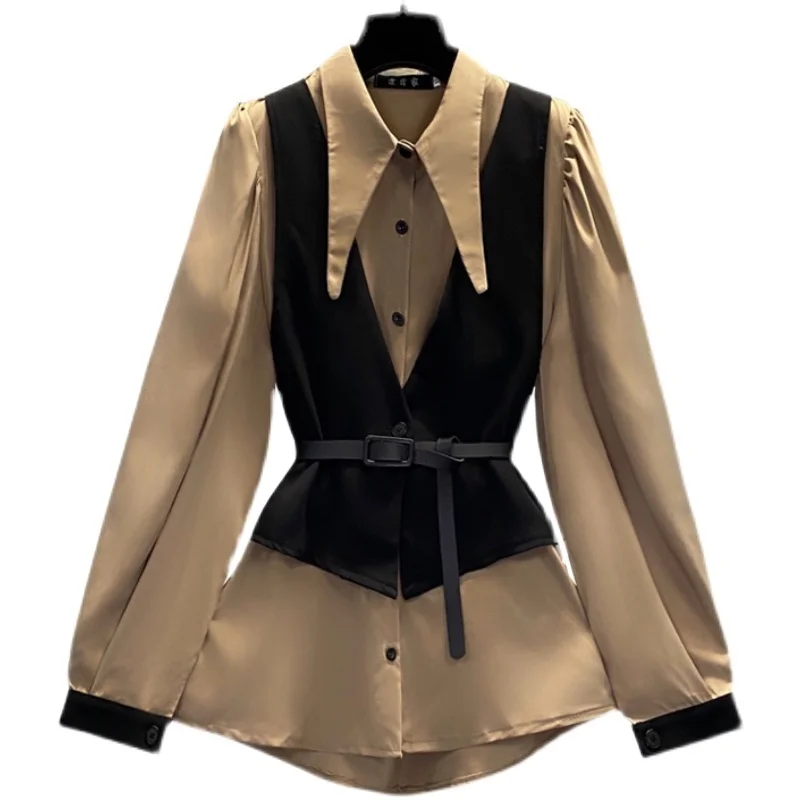 

2022 Spring Newtwo-piece Close Belt Doll Collar Long-Sleeved Bottom Shirt Korean Ladies Versatile Long Sleeve Blouse B430
