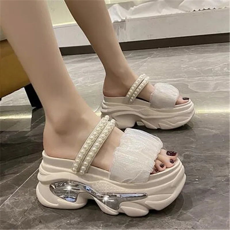 Women's Pearl Strap Chunky Sandals Summer 2023 Thick Bottom Wedge Slippers Woman Fashion Pink Lace Platform Sandals Mujer