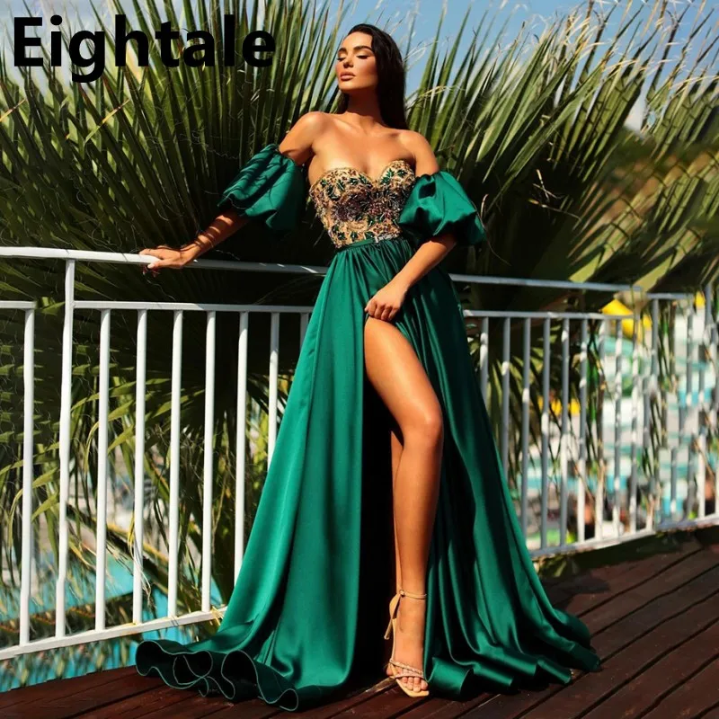 

Eightale Emerald Green Evening Dresses With Crystals Removable Sleeves Side Cut Satin A Line Formal Prom Gown vestidos de noche