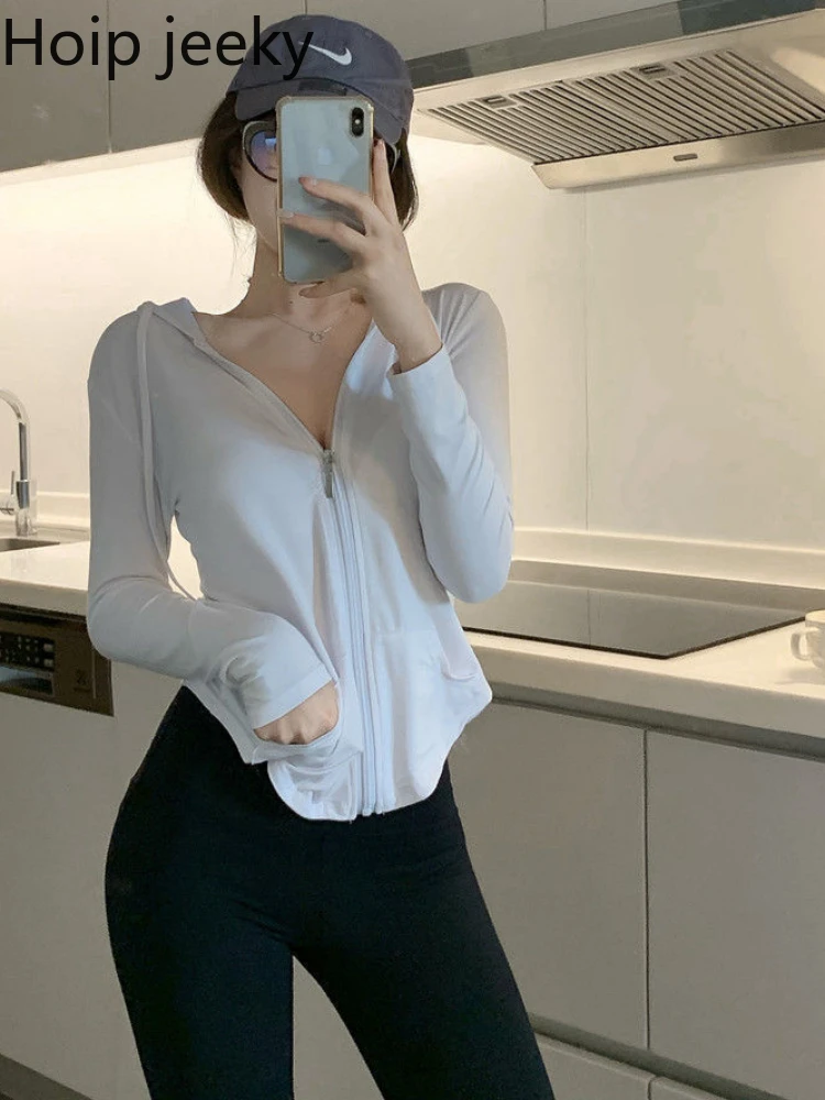 

Hoip Jeeky Hooded Quick-Drying Breathable Sports Top Women Loose Yoga Jacket Gym Casual Running Training Sunscreen Long Sleeves