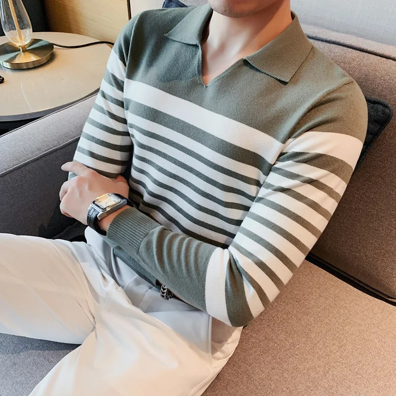 New Fashion Brand Knit High End Designer Winter Stripe V-neck Pullover Black Sweater for Man Cool Autum Casual Mens Clothing