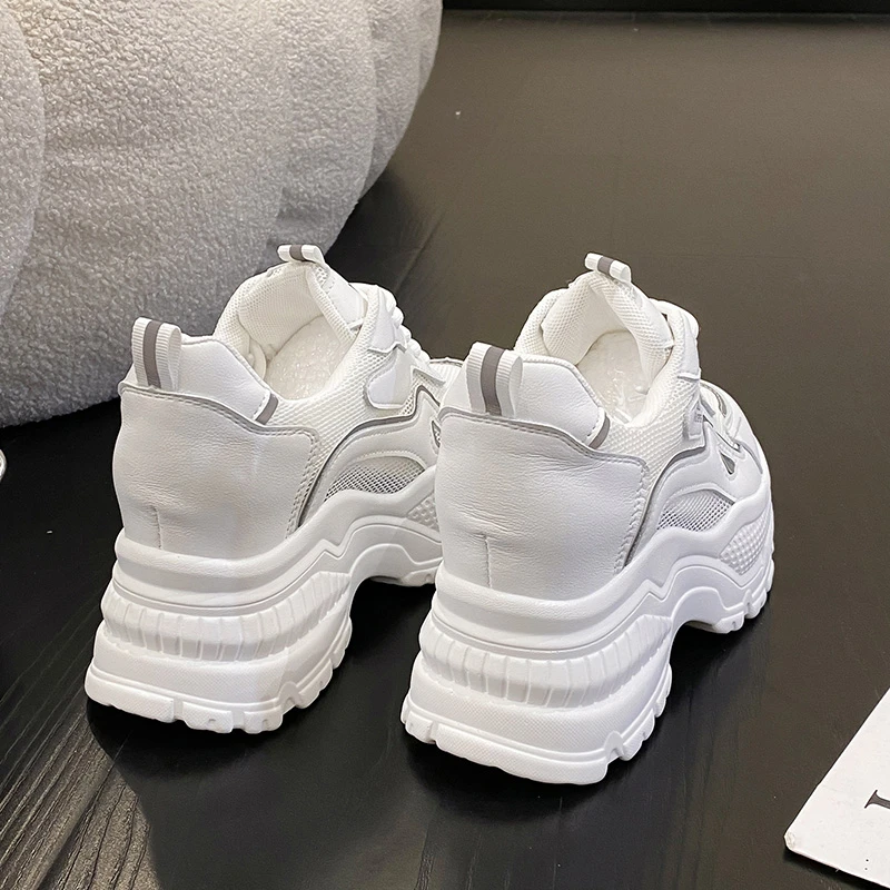 Women Autumn Vulcanized White Shoes High Platform 6.5CM Wedge Heels Sneakers Lace Up Casual Breathable Mesh Chunky Shoes Woman