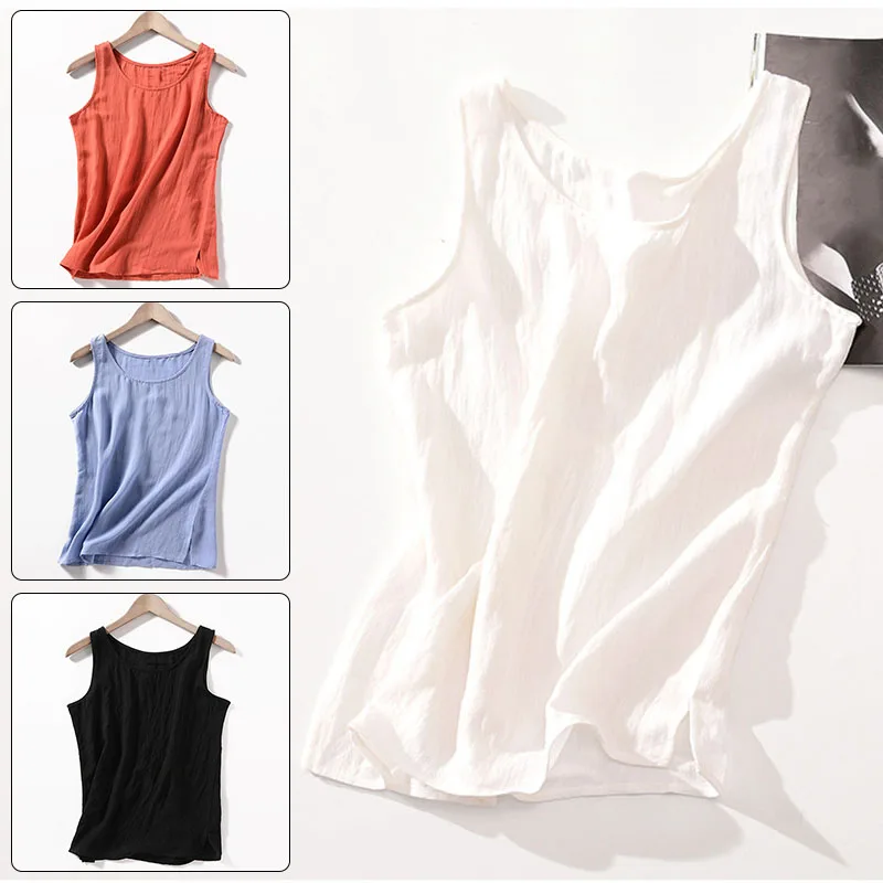 

Женские хлопковые льняные жилеты, Повседневная Свободная майка, футболка, элегантные женские футболки, уличная одежда, однотонные льняные ...