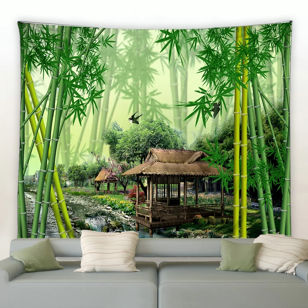 

Mountain Lake Pavilion Tapestry Bamboo Forest Park Garden Nature Scenery Tapestries Wall Hanging Bedroom Living Room Dorm Deco