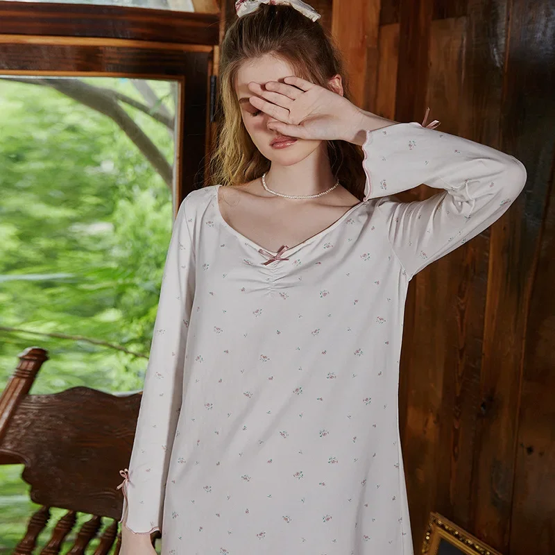 Длинная Ночная рубашка с принтом винтажная свободная хлопковая ночная одежда