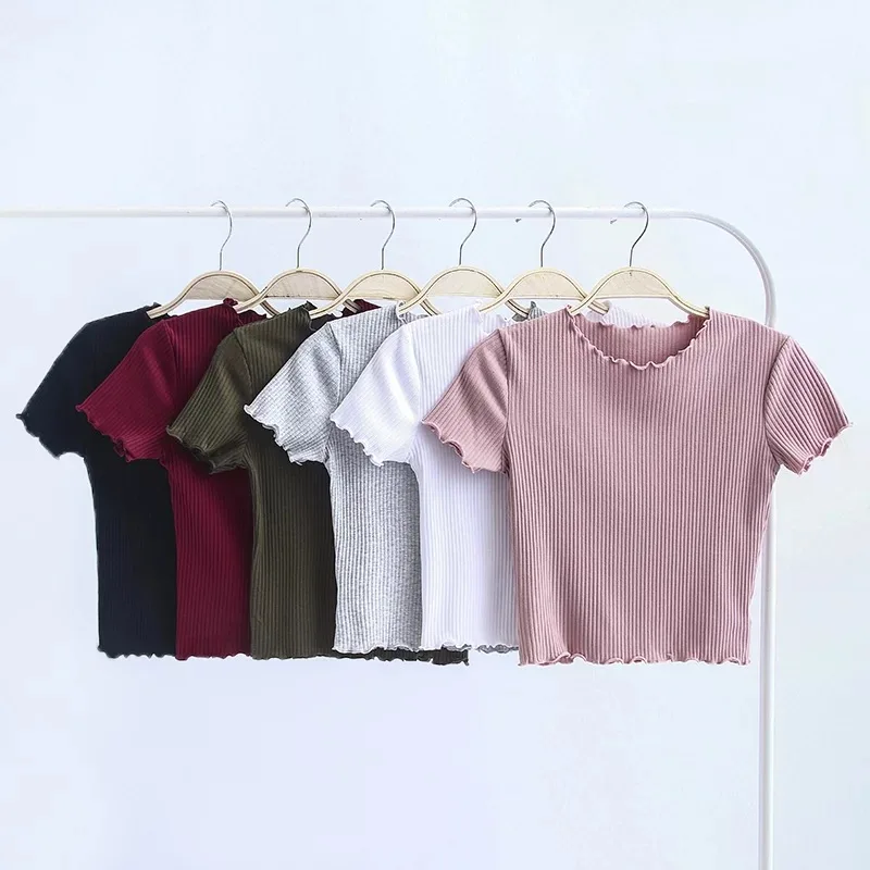 

Vintage Wood ears O neck Short sleeve T-shirt 2022 New Woman Slim Fit t shirt tight tee Summer Retro Tops 6 colors