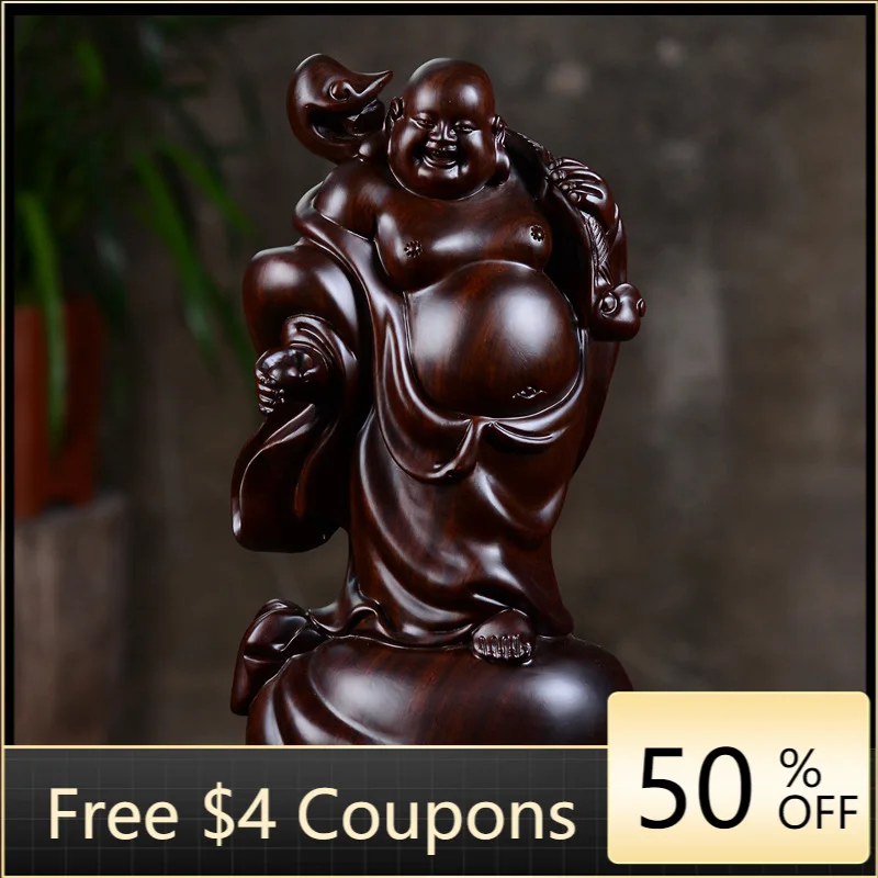 

Ebony Wood Carving Smiling Face Cloth Bag Ruyi Maitreya Buddha Ornaments Carving Auspicious Wooden Handicraft Gift Customization