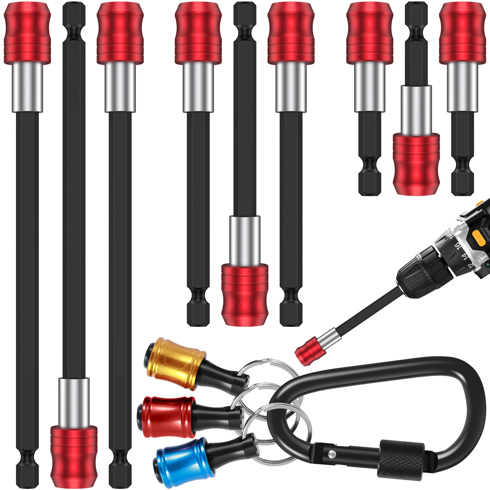 

New 12Pcs Drill Bit Extension and Bit Holder Keychain Set with Carabiner Magnetic 1/4 Inch Hex Shank Drill Extension Bit Holder
