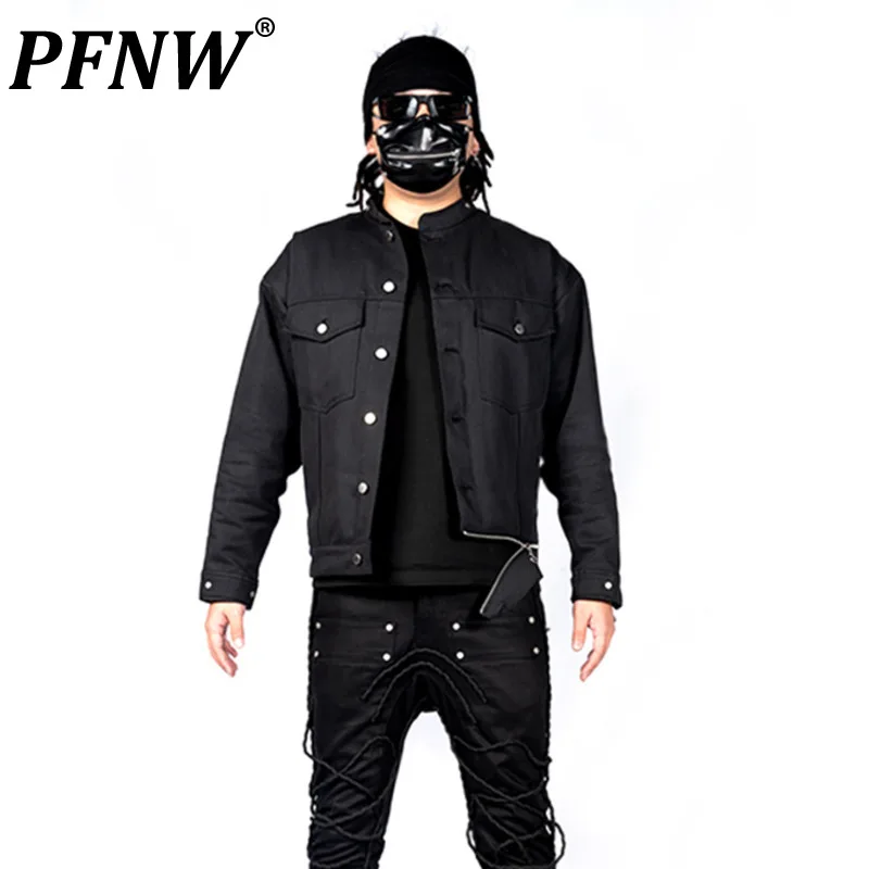 

PFNW Men's Original Niche Darkwear Tide Zipper Slim Solid Color Tactical Denim Jacket Autumn Spring New Niche Punk Coat 12A6099