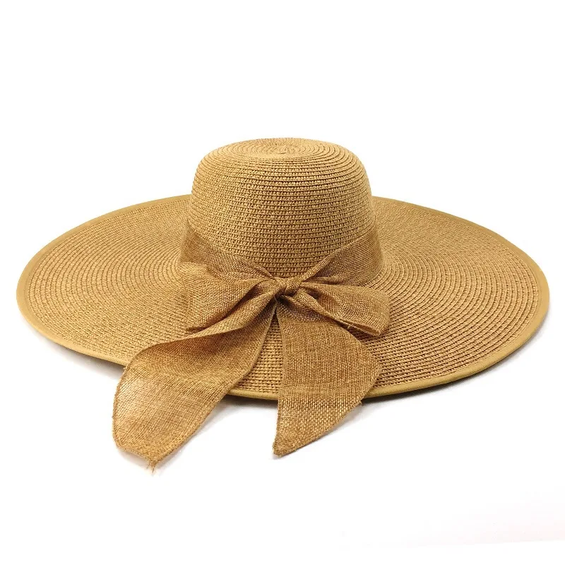Шляпа женская Соломенная с бантом модная Панама лентой и плоским верхом Пляжная