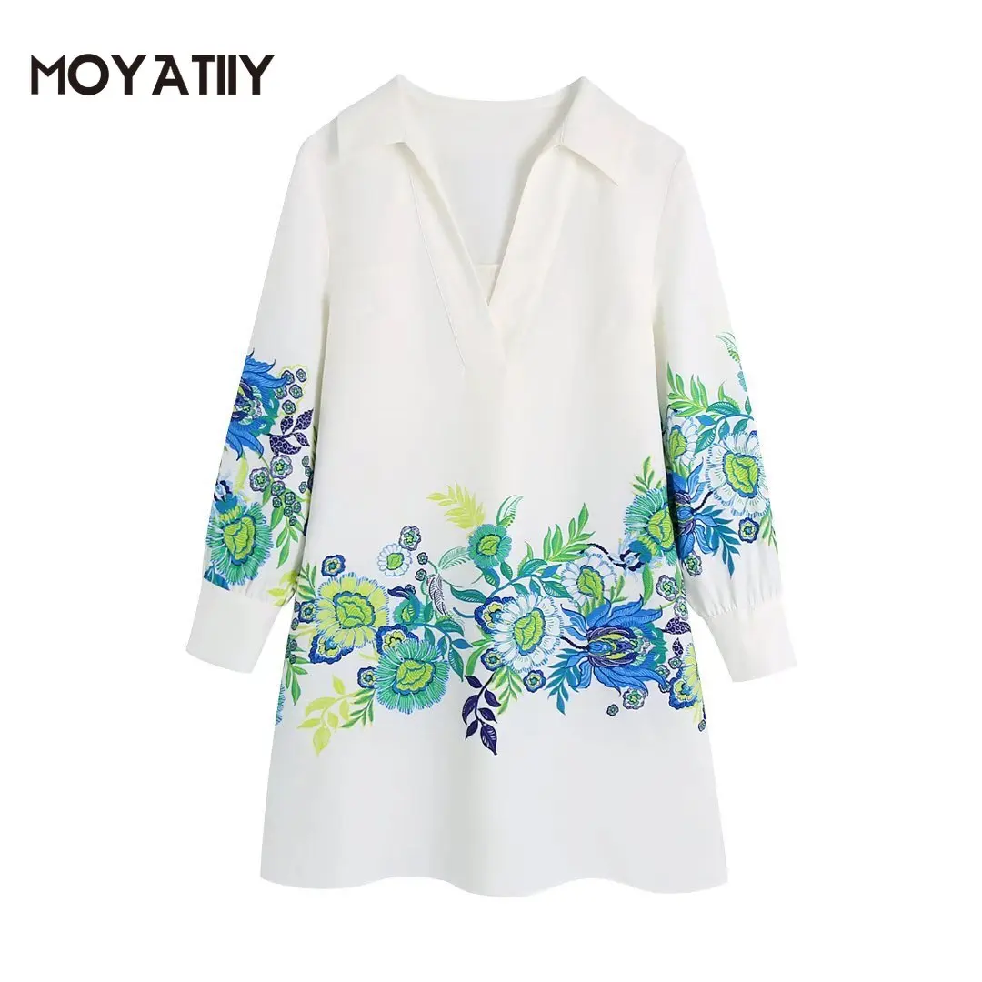 

MOYATIIY Women 2022 Fashion Embroidery Dress Retro Floral Print Mini Dresses Back Pleated Female Vestidos