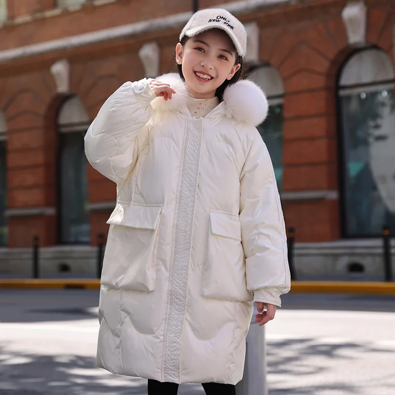 Children's down jacket Girls' purple hooded warm thick coat Medium and large children's natural fur collar cold-proof clothing enlarge