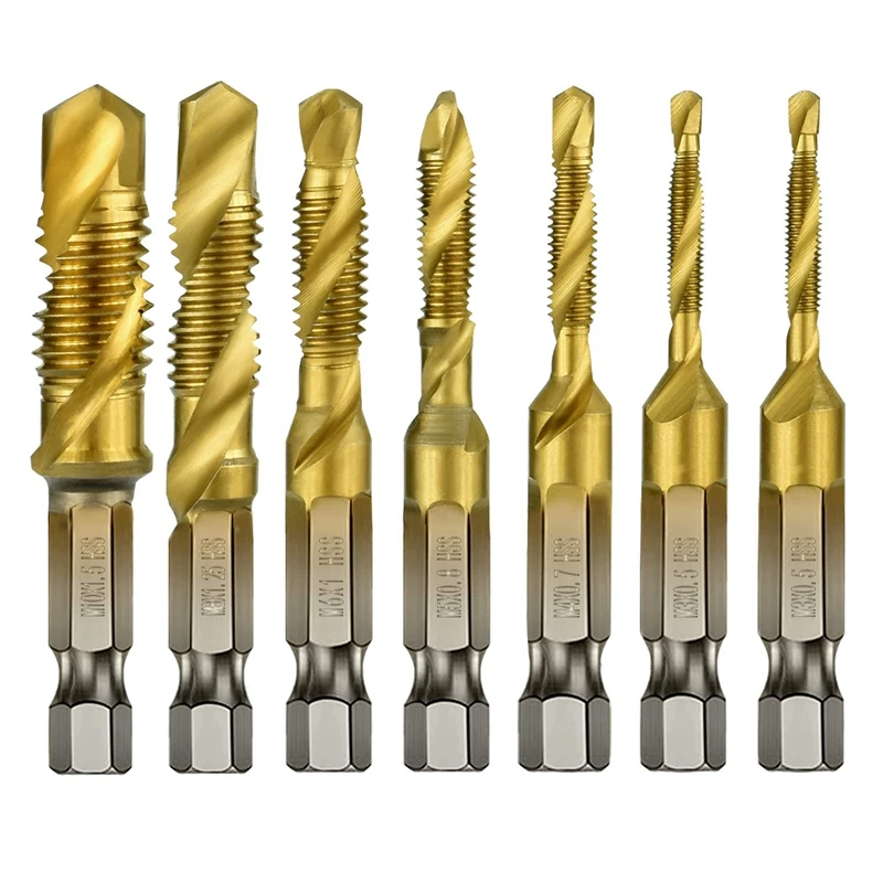 

7Pcs 1/4Inch Hex Shank Titanium Combination Drill And Tap Set Metric Thread HSS M3-M10 Screw Tapping Bit Tool