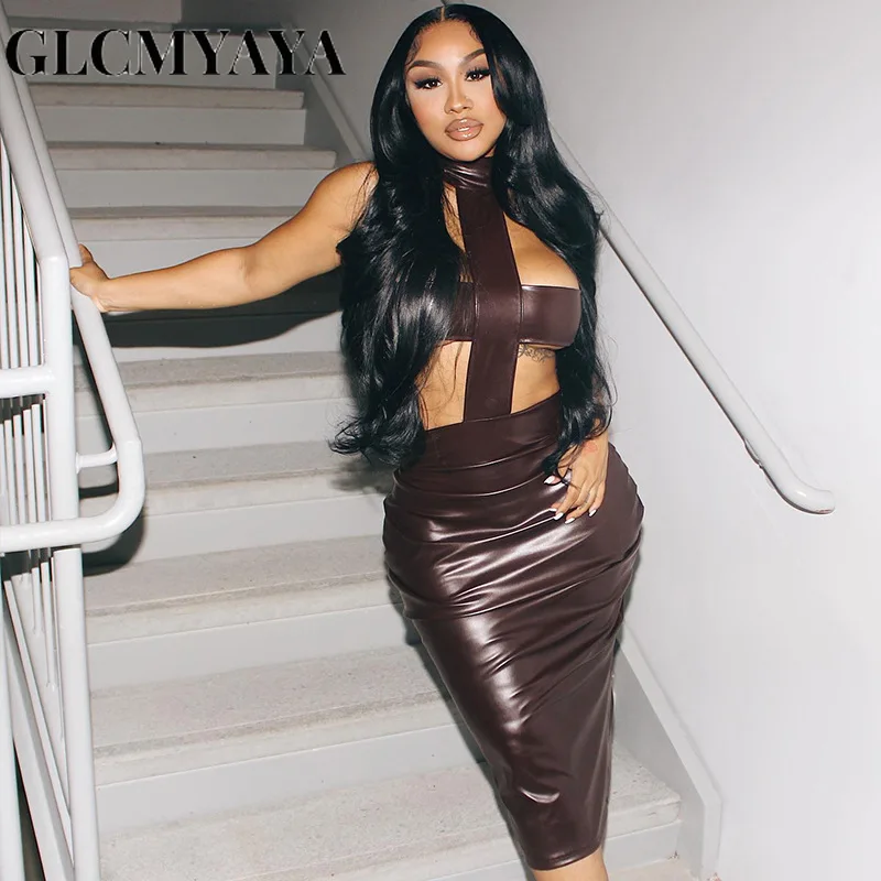 

GLCMYAYA Women Streetwear Turtleneck The Cross Zipper Hollow Out Slit Bodycon Dress 2023 Solid Spliced High Waist Pencil Dresses
