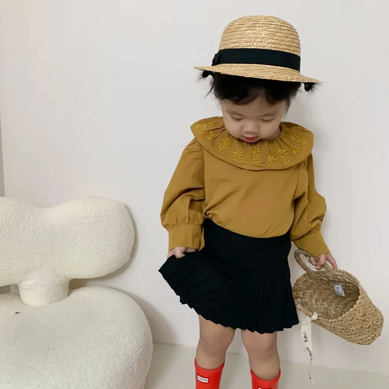 

4432B Korean Girl's Shirt 2023 Spring New Embroidered Small Lace Cute Girl's Shirt Blouse Solid Color Bottoming Shirt Tops