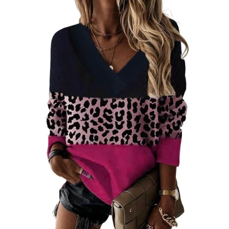 

Autumn and Winter New V-neck Leopard Print Stitching Long-sleeved Sweater Top