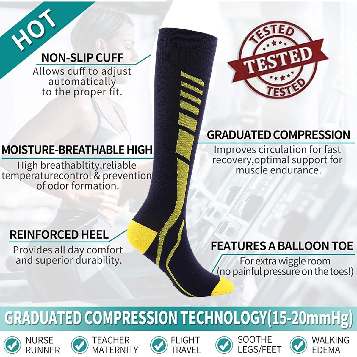 Compression Socks Sports Running Women Men Marathons Circulation Athletic Edema Varicose Veins Travel Over Knee High Stockings