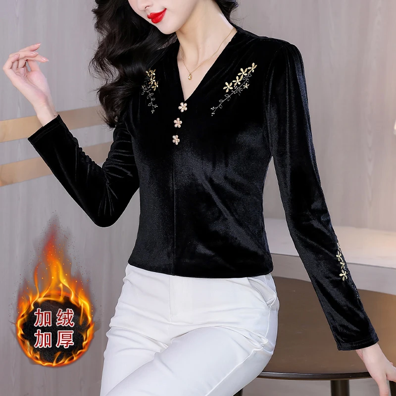 Осень/зима черная толстая бархатная рубашка женская блузка элегантный топ с