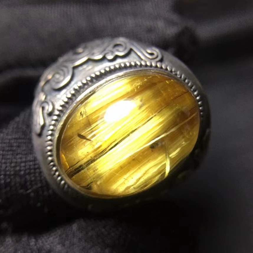

Natural Gold Rutilated Quartz Resizable Ring Women Men 925 Sterling Silver 15.3*11mm Gold Rutilated Wealthy Ring AAAAAA