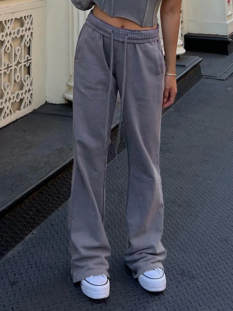 

YIKUO Gray Solid Casual Sweatpants Womens Simple Basic Mom Homewear Drawstring Elastic High Waist Straight Trousers Street