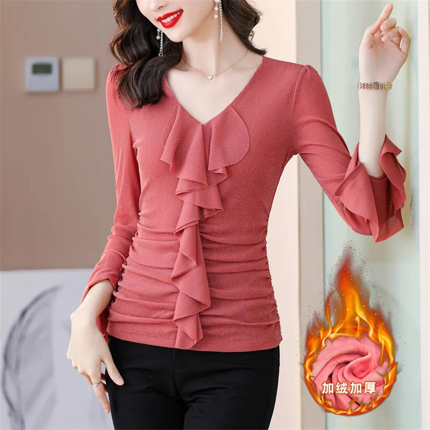 

Autumn Winter Bottoming Shirt Pullover Women Long Sleeve Ruffle Elegant Blouse T-Shirt Female Slim Undershirt Tops
