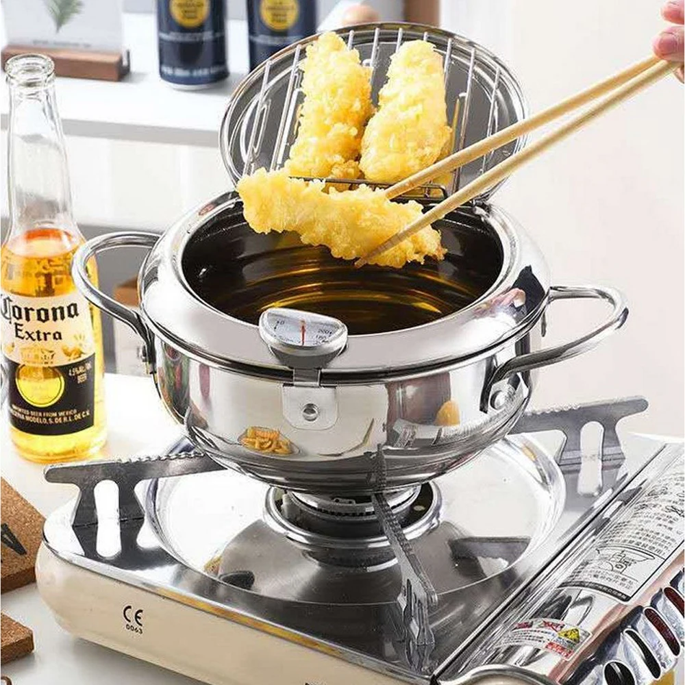 

2.2L/3.4L Stainless Steel Japanese Deep Frying Pot with A Thermometer and A Lid Kitchen Tempura Fryer Pan Cooking Pot