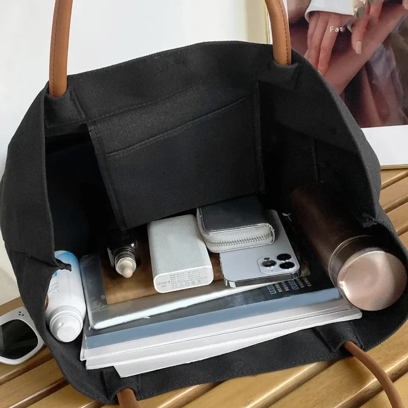 Белая черная сумка на плечо классическая парусиновая для хранения книг