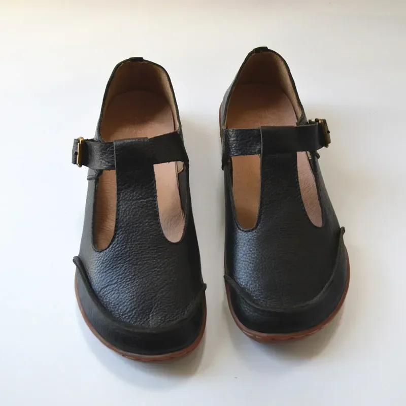 Женская обувь из воловьей кожи в стиле ретро Т-образная форма на плоской подошве