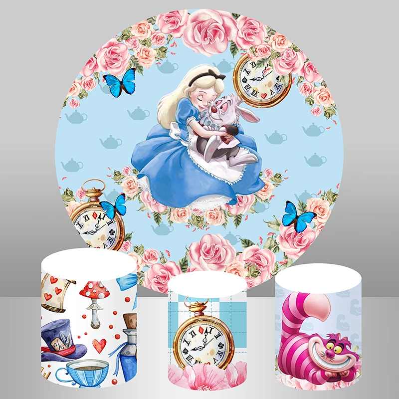 

Alice In Wonderland Round Backdrop Cover Pink Flowers Fairy Butterfly Girls Afternoon Tea Birthday Party Background Table Covers