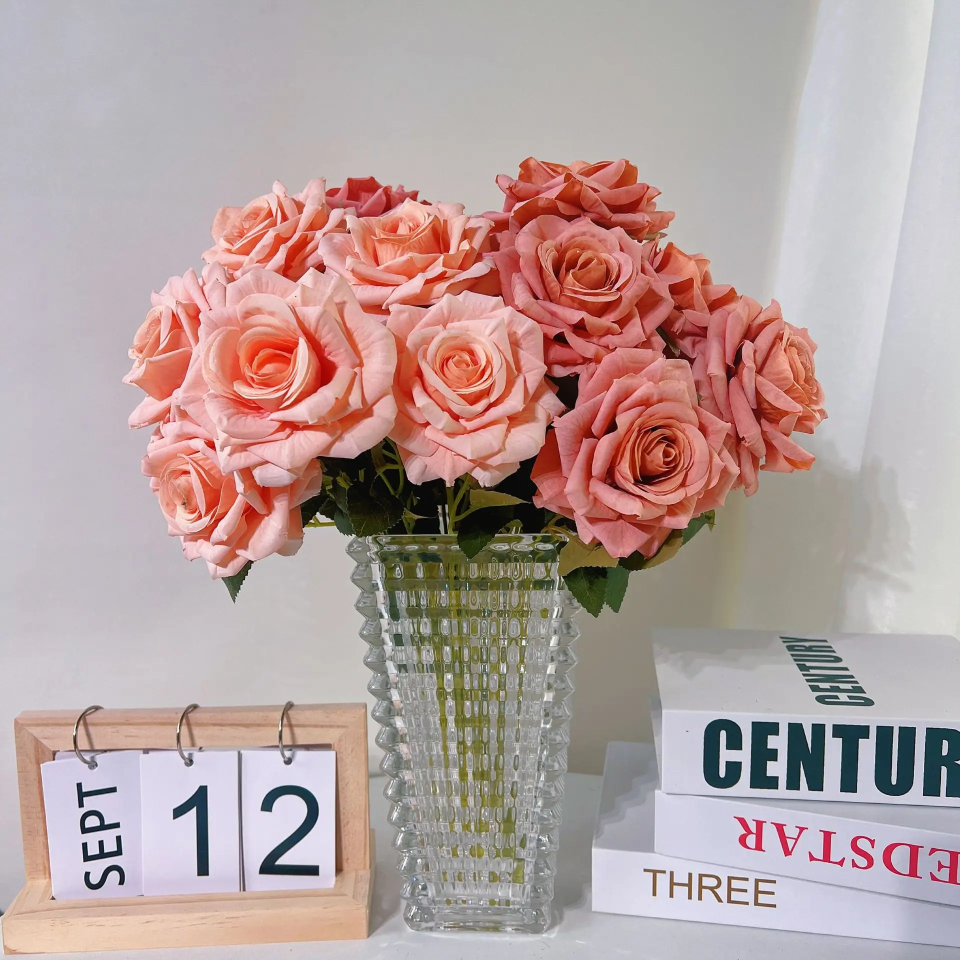 

Wedding Bride Artificial Pink Roses Bouquet Silk Fake Flowers Green Plant Garden Decoration Rolled Edge Rose Simulation Flower