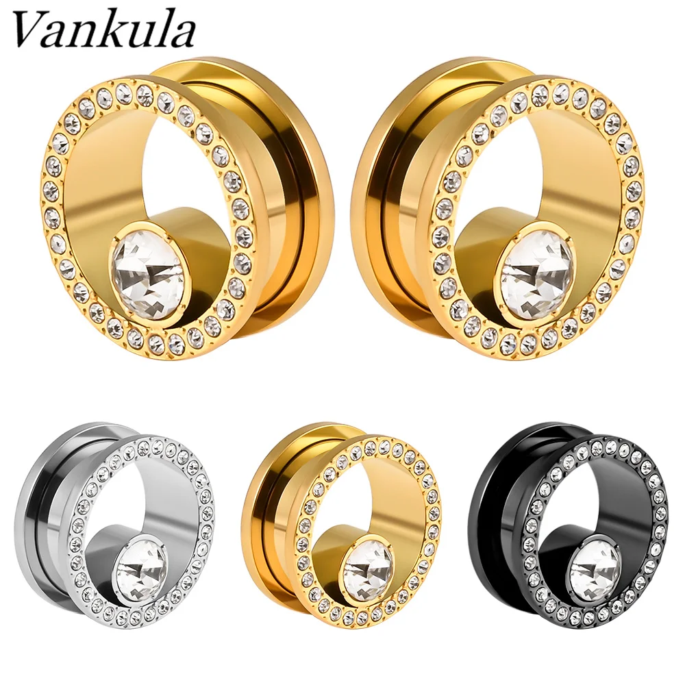 

Vankula 2pcs New Stainless Steel Crystal Zircon Ear Tunnels Plug Screw Fit Ear Flesh Gauge Ear Expanders Piercing Jewelry