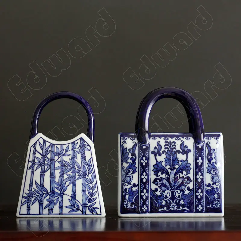 

Керамическая ваза, сумочка, тканевая Сумочка, форма вазы, сине-белые керамические украшения для гостиной, цветочные композиции, цветы, декор для стола