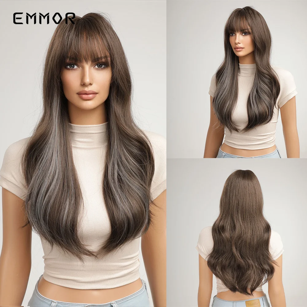 

Emmor Ombre Highlight Brown Blue Wig Synthetic Long Wavy Wigs with Bangs for Women Party Cosplay Natural High Temperature Fiber