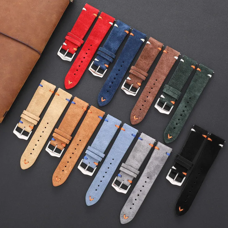 Wholesale 10PCS/Lot Genuine Leather WatchBand WatchStrap20mm 22mm BlackRedGreenOrangeBeigeGreyBrownDarkblueSkyblue Swede Leather