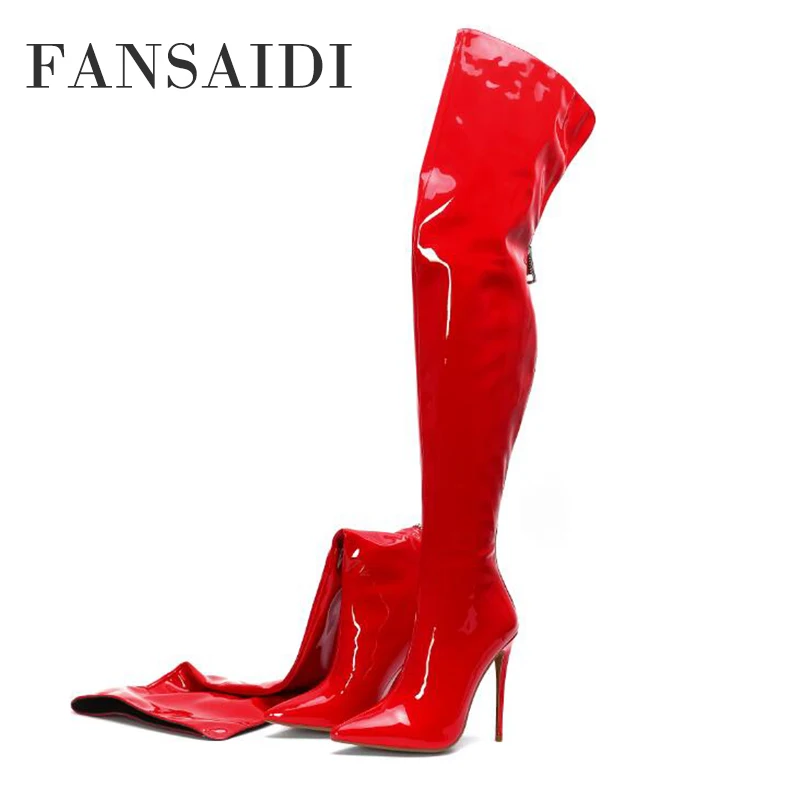 

FANSAIDI 2022 Winter Zipper Pure Color Consice Red Elegant Over The Knee Boots Stilettos Heels White Ladies Boots 44 45 46 47 48