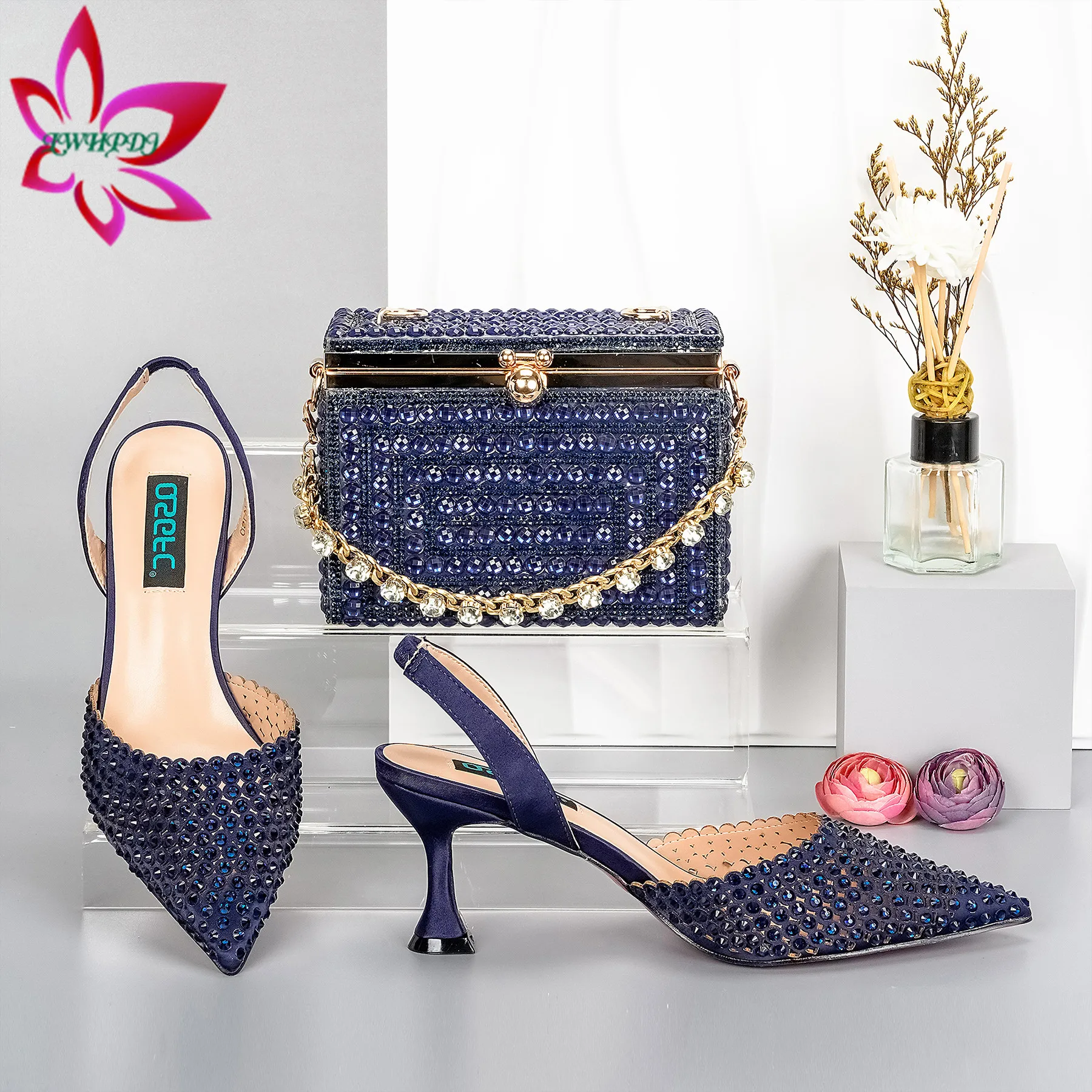 

SweetStyle New Arrivals Italian Women Shoes Matching Bag Set with Shinning Crystal with Thin Heels for Garden Party in Navy Blue