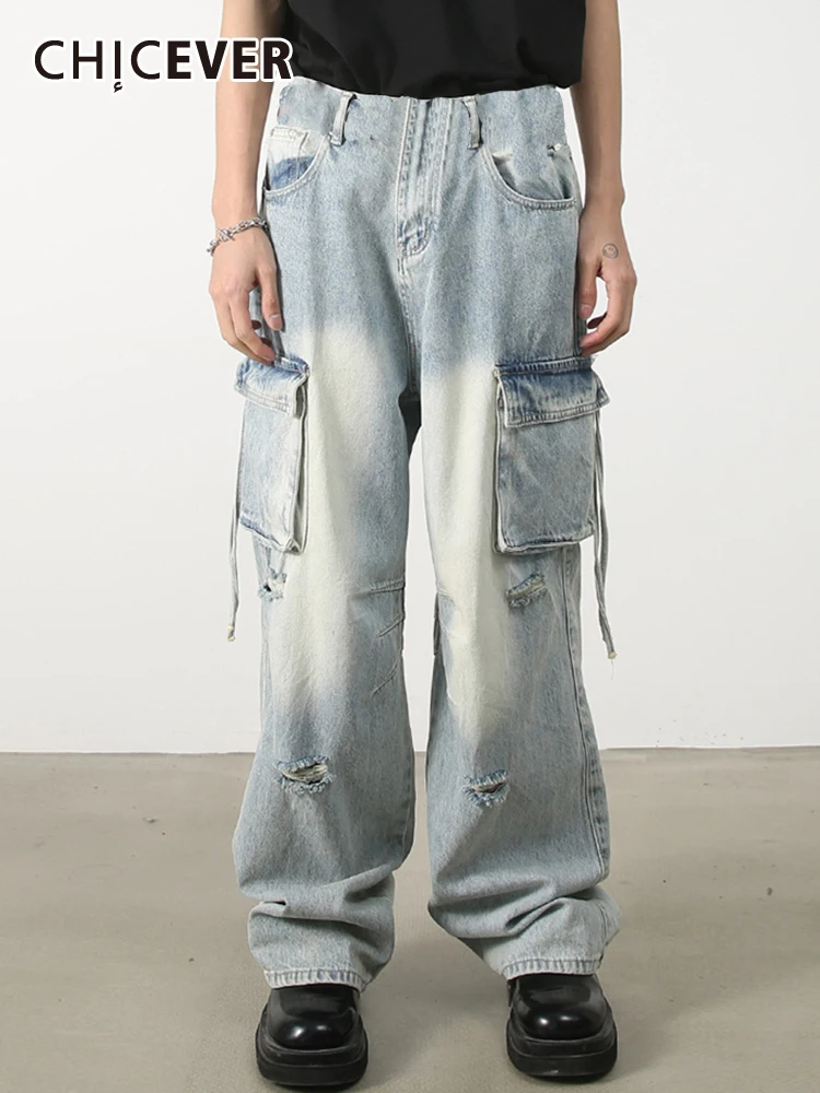

CHICEVER Patchwork Pockets Jeans For Women High Waist Spliced Zipper Ripped Hole Hollow Out Loose Sraight Denim Pants Female New