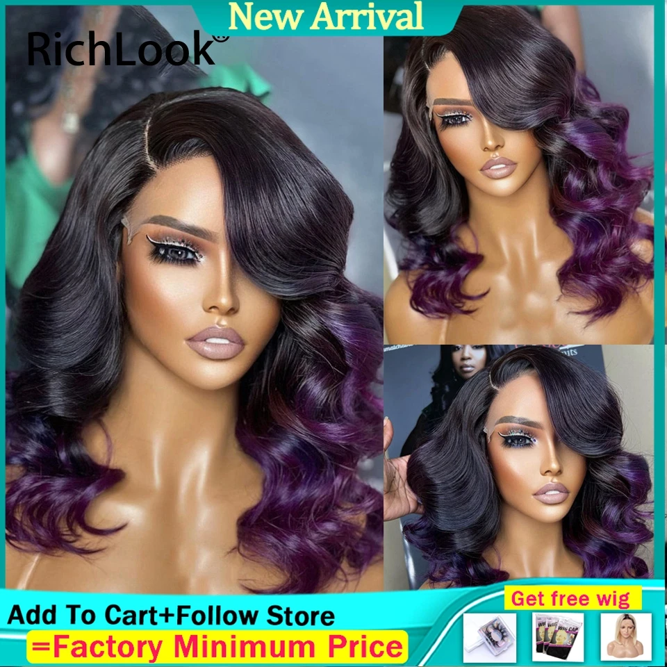 

Black Colored With Purple Big Loose Body Wave Human Hair Lace Frontal Wigs 13x4 Lace Front Wig Drop Shipping Bleached Knots Long