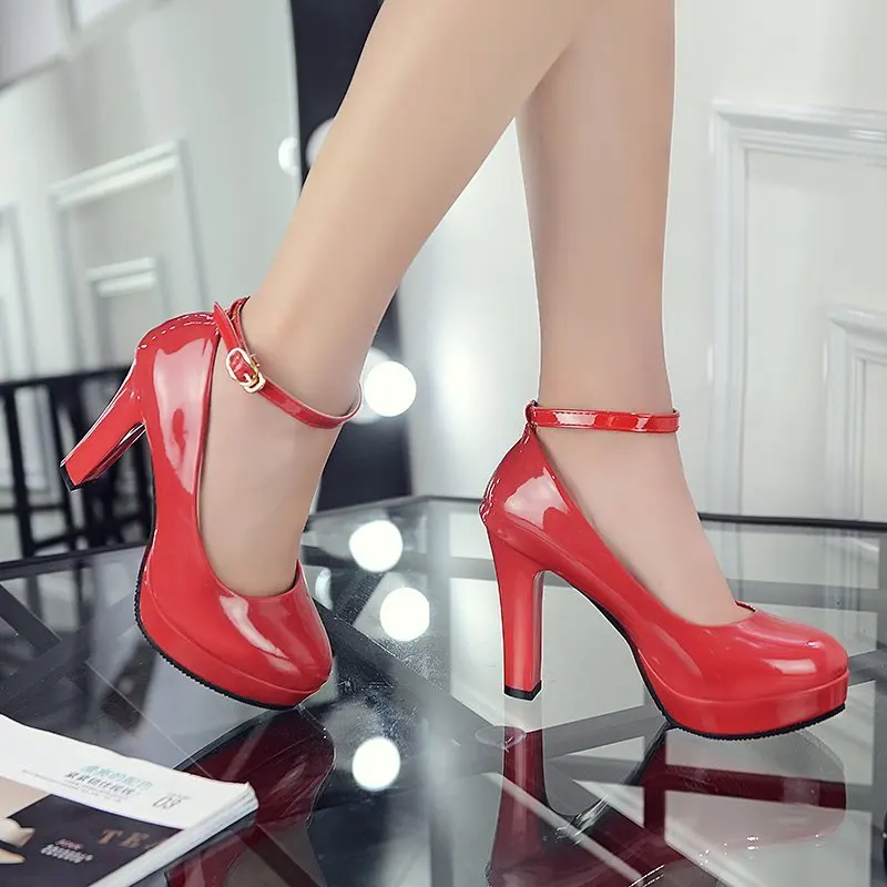 

Ankle Strap High Heels Sexy Women's Pumps Patent Leather Woman Thick Platform Mary Jane Women Party Shoes Buckle Shallow Shoes