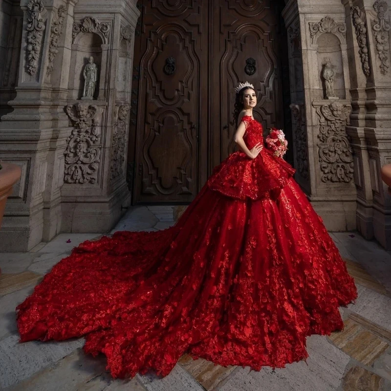 Красное платье для Quinceanera украшенное бисером с открытыми плечами аппликацией 3D