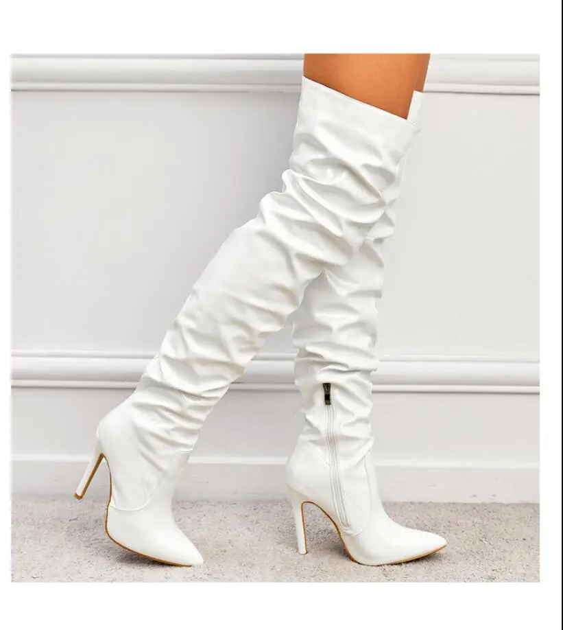 New High Quality Fine heel Sexy Patent Leather Black Over The Knee Boots Women Fashion Pointed Toe Thigh High Lady Shoes Large