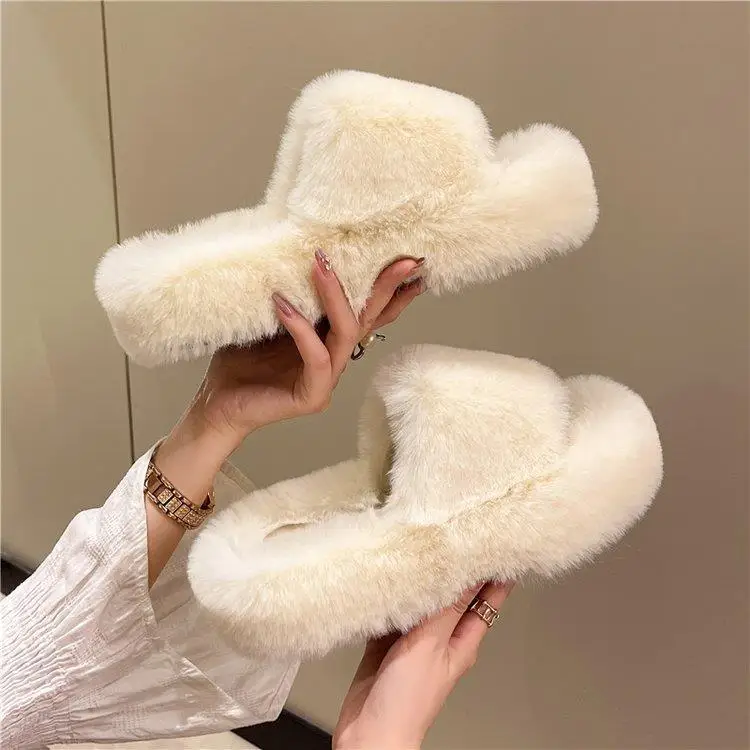 

Home Slippers Women's Slides Fur Shoes Platform Low Rubber Flip Flops Flock Massage Plush Hawaiian Fabric Rome Hoof Heels Basic