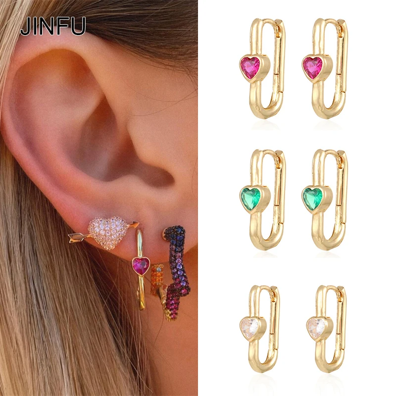 

JINFU Gold Silver plated Hoop earrings for women Heart Color CZ Zircon piercing women Stud earrings 2022 jewelry Wholesale
