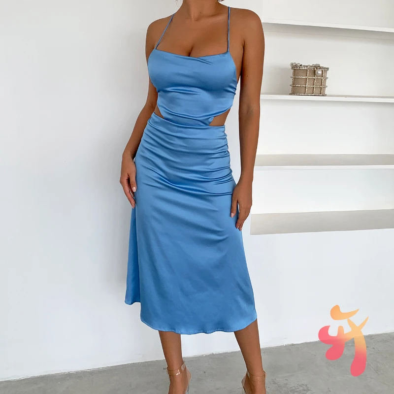 

Summer Sexy Solid Color Temperament Commuter Suspender Satin Dress Naked Back Lace Up Blue Midi Dress