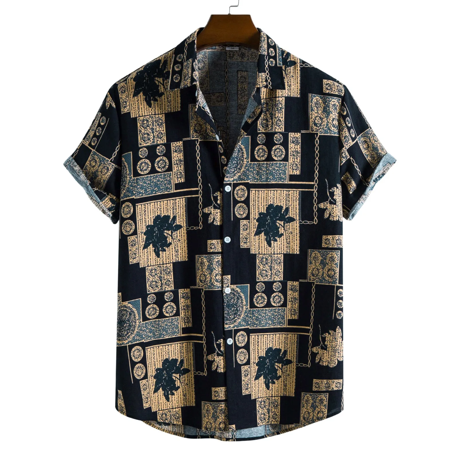 

Grass Print Retro Style Hawaii Blouse Tops Short Sleeve Turn-Down Collar Cotton Linen Button Blouse Breathable Male Cardigan